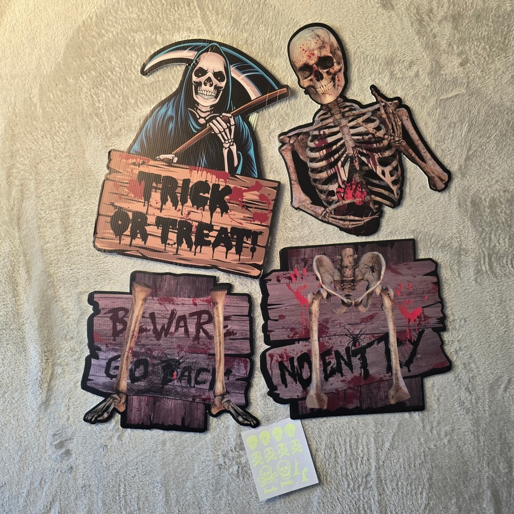 Halloween Wall Decal Set Grim Reaper Skeleton Beware Signs Glow Stickers 5pc
